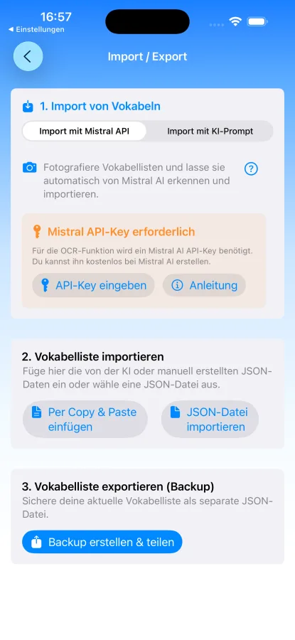 App-Screenshot: Import/Export