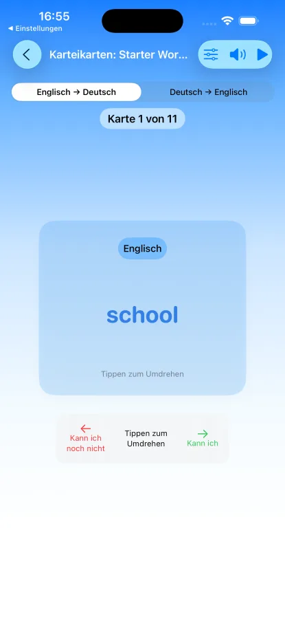 App-Screenshot: Karteikarten