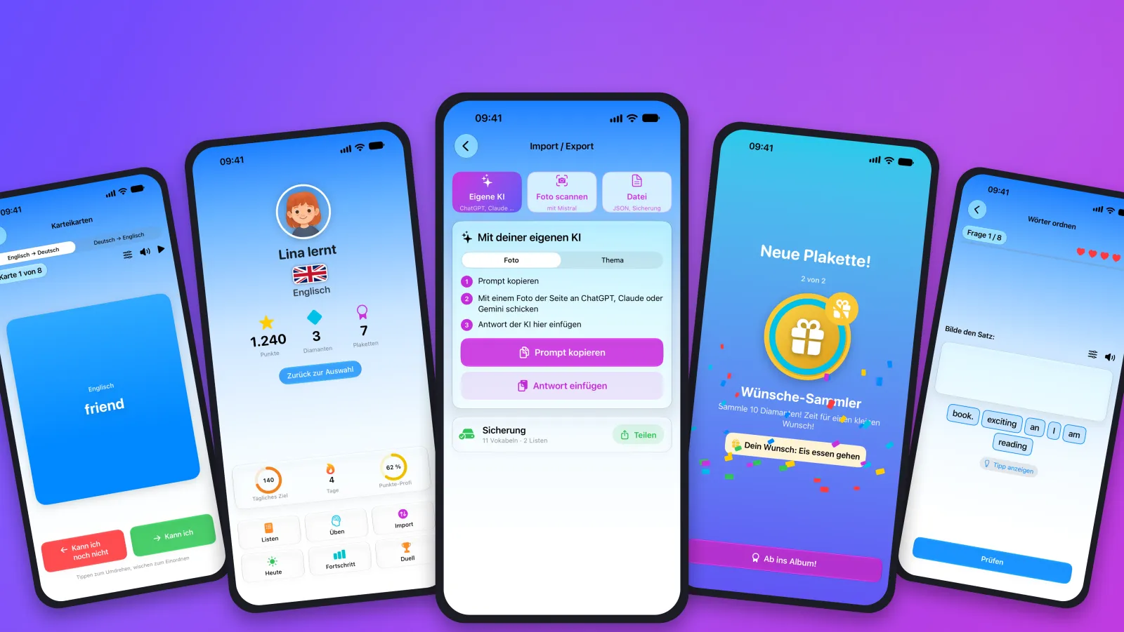 Fünf Bildschirme der App Vokabel-Spaß